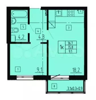 1-к. квартира, 36,7 м, 7/8 эт. - Фото 1