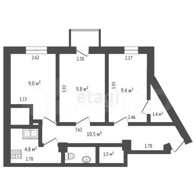 2-к. квартира, 47,8 м, 3/5 эт. - Фото 1