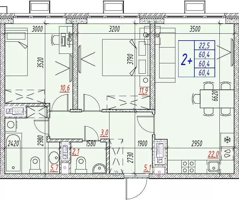 3-к кв. Астраханская область, Астрахань ул. Бэра, 29 (60.4 м) - Фото 2