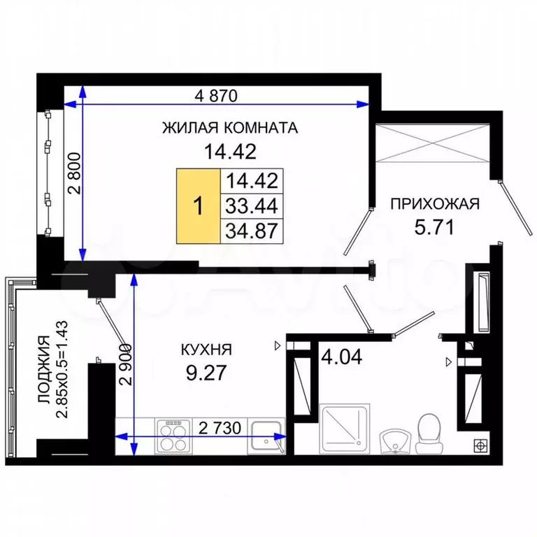 1-к. квартира, 34,9м, 3/26эт. - Фото 1