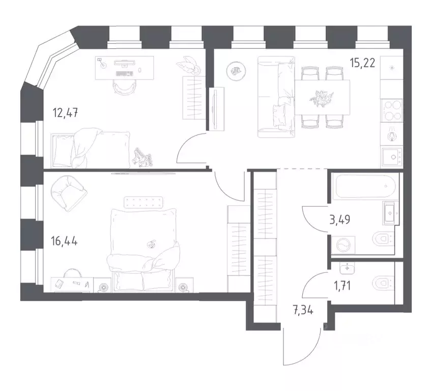 2-к кв. Татарстан, Казань Зилант Премьер жилой комплекс (56.67 м) - Фото 1