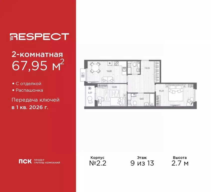 2-к кв. Санкт-Петербург Полюстровский просп. (67.95 м) - Фото 0