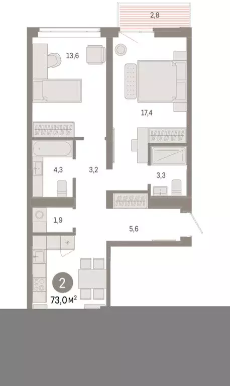 2-комнатная квартира: Тюмень, улица Республики, 205к3 (73 м) - Фото 1
