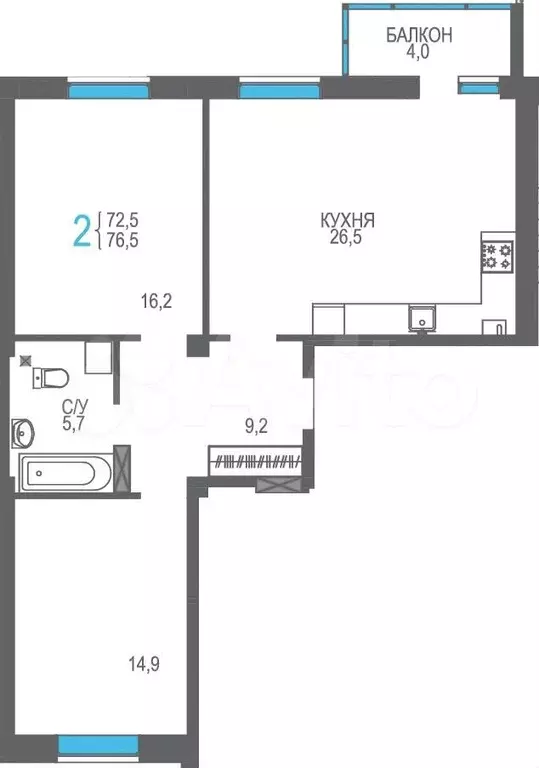 2-к. квартира, 76,5 м, 6/8 эт. - Фото 1