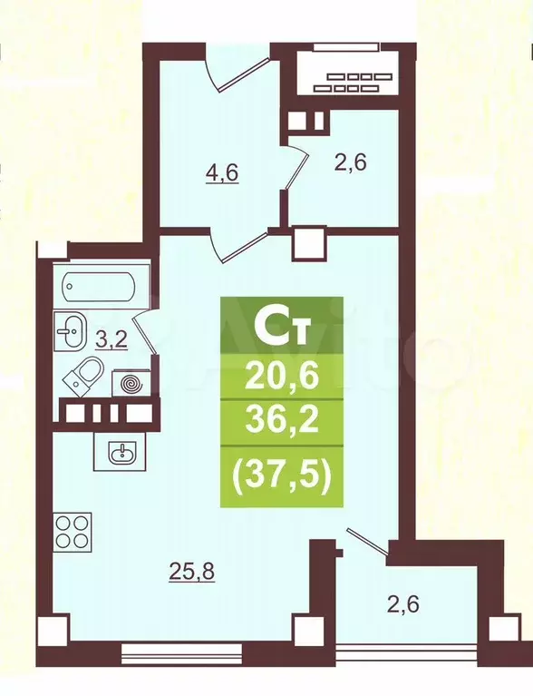 Квартира-студия, 37,5 м, 9/9 эт. - Фото 0