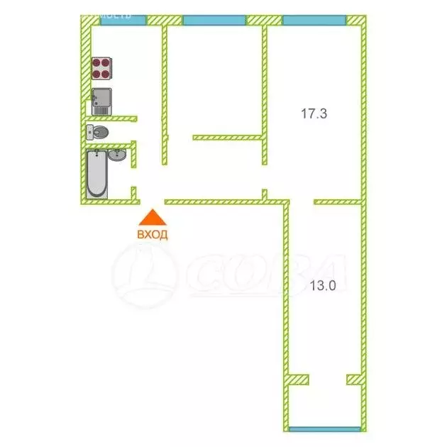 3-комнатная квартира: Тюмень, улица Самарцева, 34 (61.1 м) - Фото 1