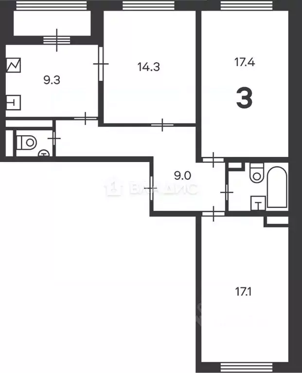 3-к кв. Москва ул. Маршала Еременко, 5к1 (74.2 м) - Фото 2