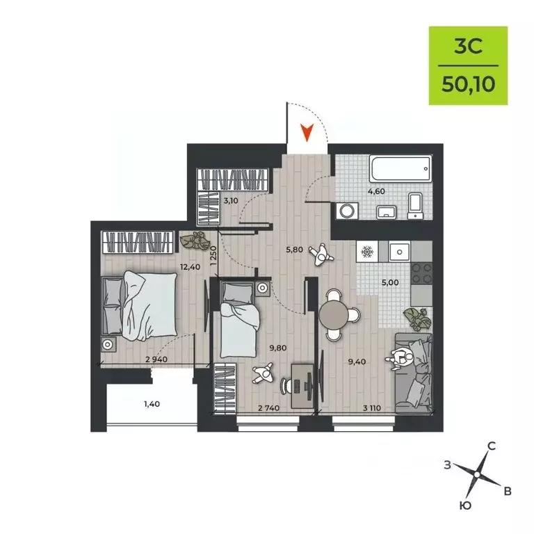 3-к кв. Новосибирская область, Новосибирск Юбилейный мкр,  (51.6 м) - Фото 1