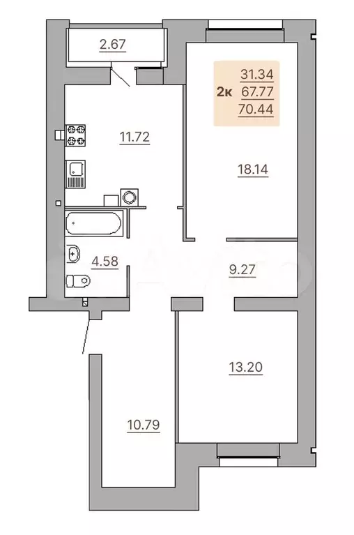 2-к. квартира, 70,4 м, 5/9 эт. - Фото 0