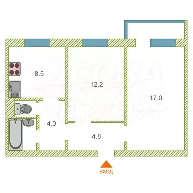 2-к. квартира, 52 м, 5/9 эт. - Фото 0