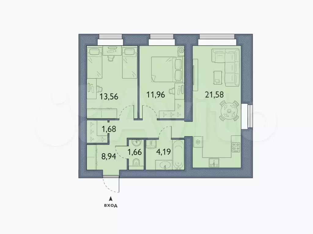 2-к. квартира, 63,6 м, 14/15 эт. - Фото 1