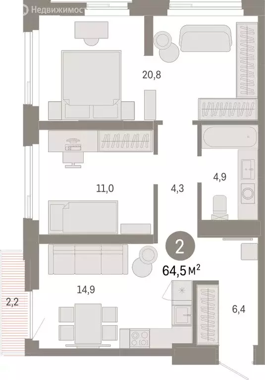 2-комнатная квартира: Тюмень, жилой комплекс Зарека (64.47 м) - Фото 1