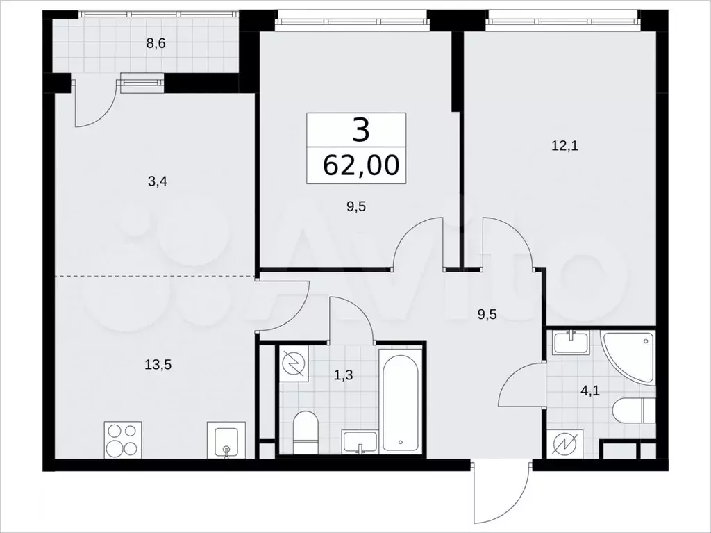 3-к. квартира, 62м, 8/9эт. - Фото 1