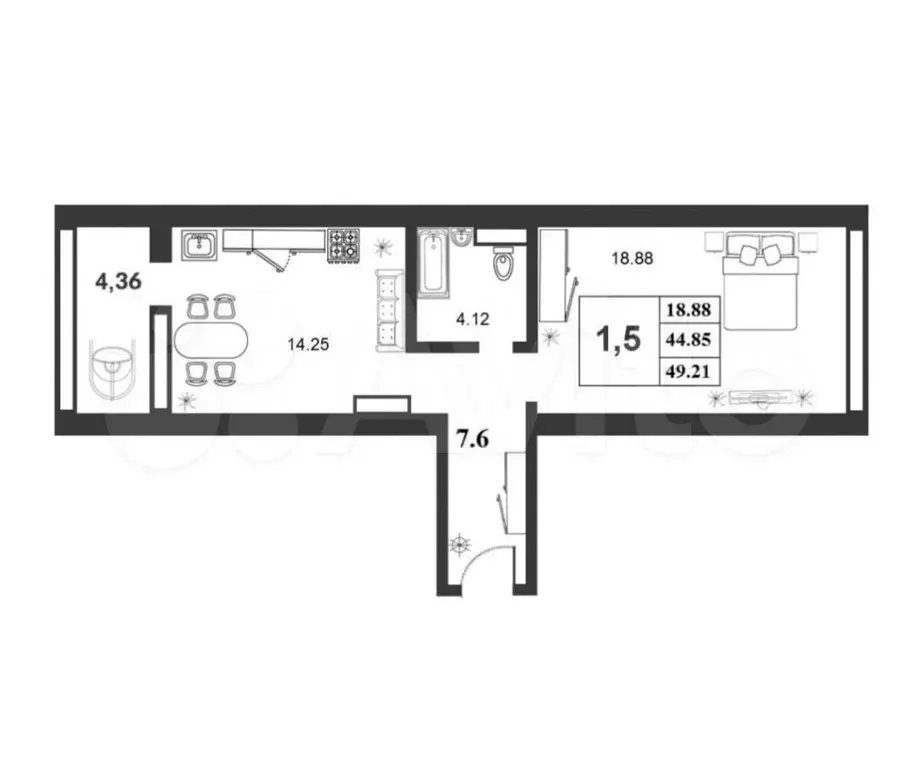 1-к. квартира, 44,1 м, 5/9 эт. - Фото 0