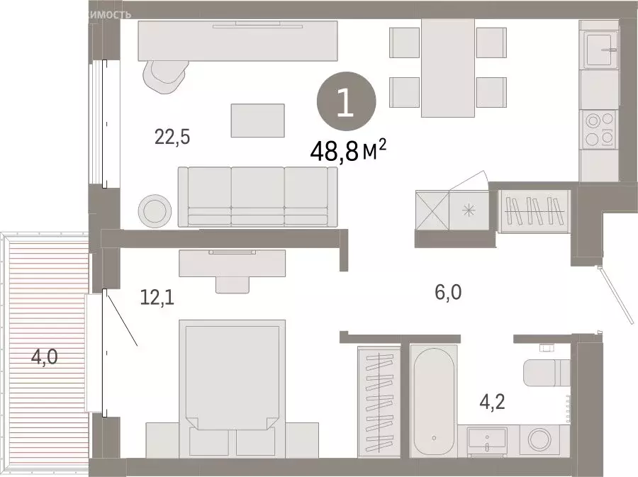 1-комнатная квартира: Тюмень, жилой комплекс На Минской (48.77 м) - Фото 1