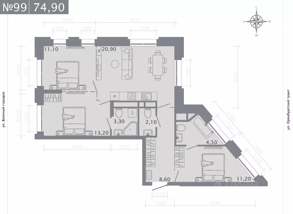 3-к кв. Татарстан, Казань ул. Шишкина (74.9 м) - Фото 1