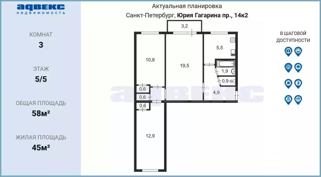 3-к кв. Санкт-Петербург просп. Юрия Гагарина, 14К2 (58.0 м) - Фото 1