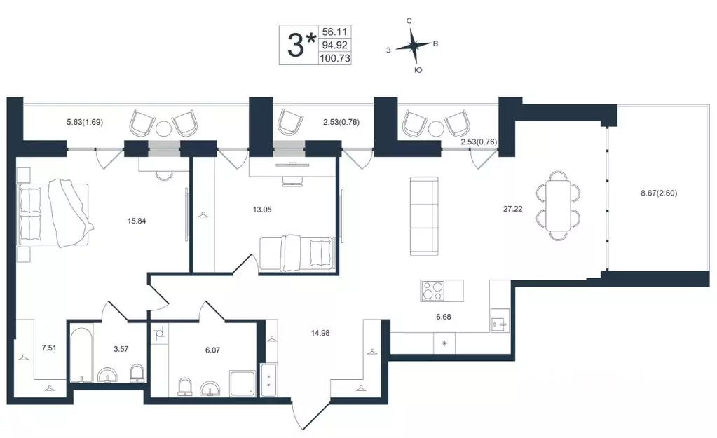 3-к кв. Приморский край, Владивосток Архитектор жилой комплекс (100.73 ... - Фото 1