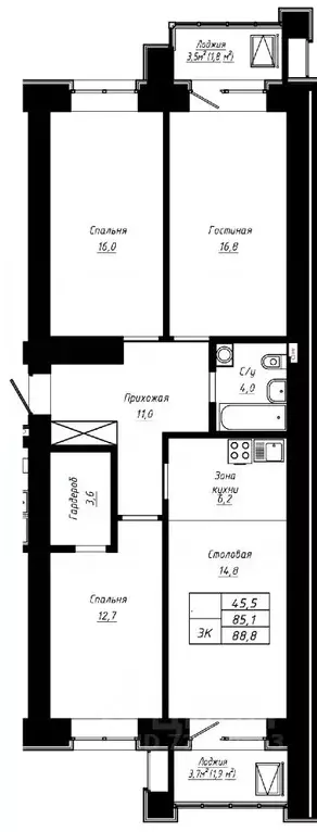 3-к кв. Алтайский край, Барнаул ул. Сухэ-Батора, 39 (88.8 м) - Фото 1