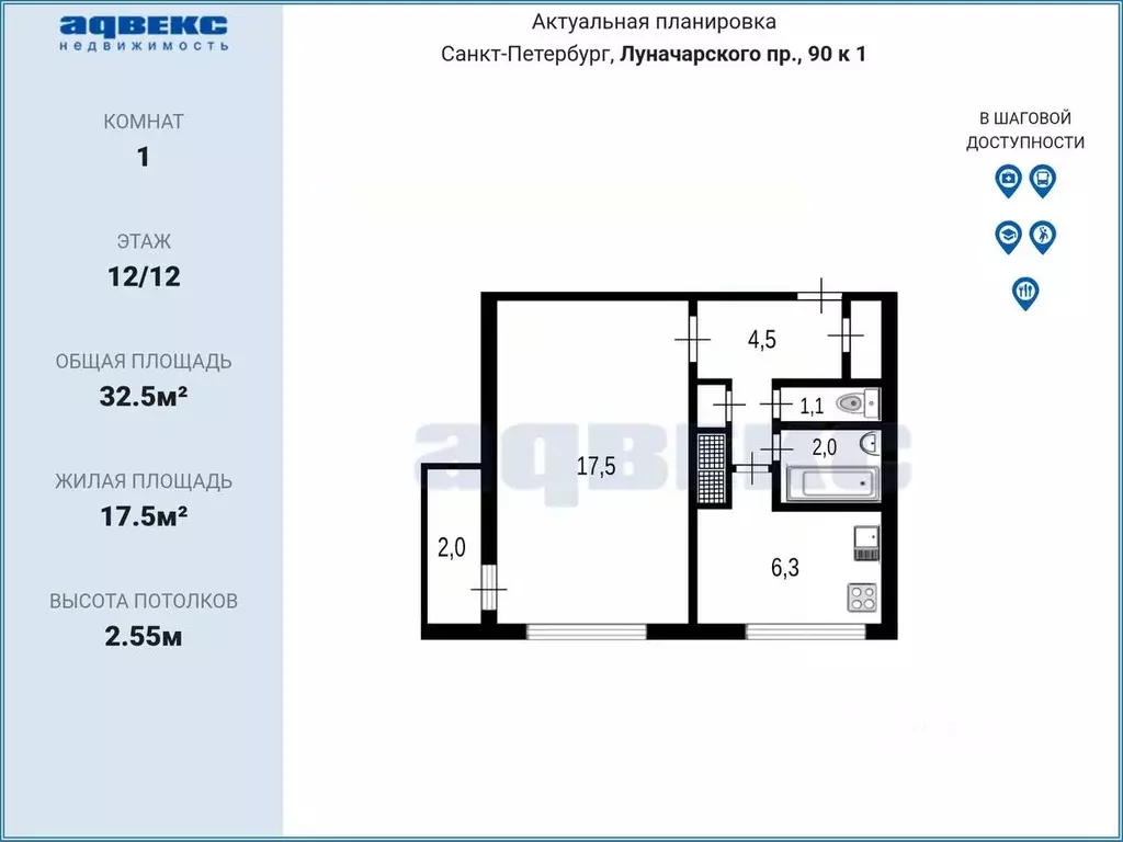 1-к кв. Санкт-Петербург просп. Луначарского, 90К1 (32.5 м) - Фото 2