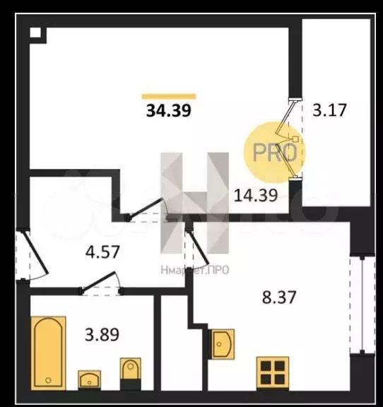 1-к. квартира, 34,4 м, 4/9 эт. - Фото 1