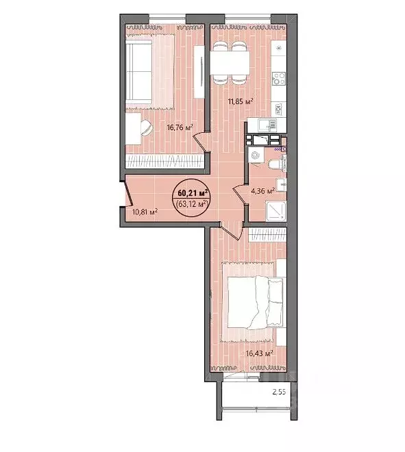 2-к кв. Челябинская область, Челябинск ул. Труда, 15 (61.44 м) - Фото 0