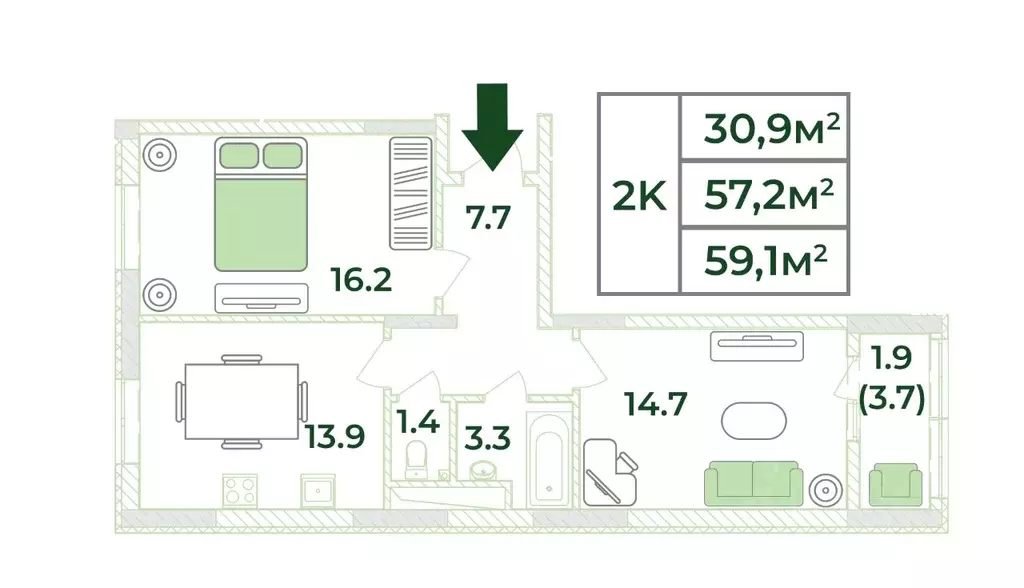 2-к кв. Крым, Симферопольский район, с. Мирное, Жигулина Роща мкр  ... - Фото 1