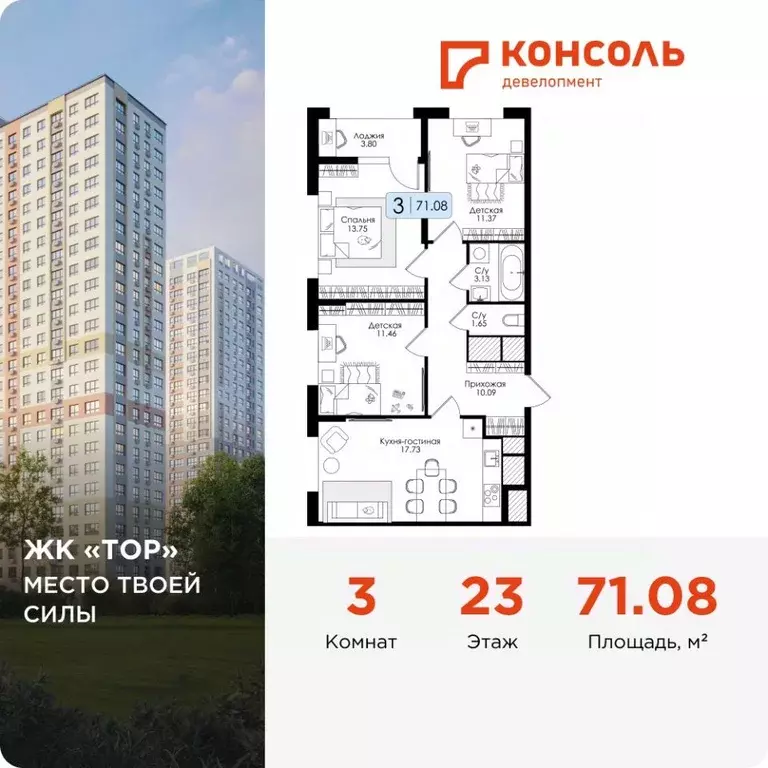 3-к кв. Тульская область, Тула Тор жилой комплекс (71.08 м) - Фото 0