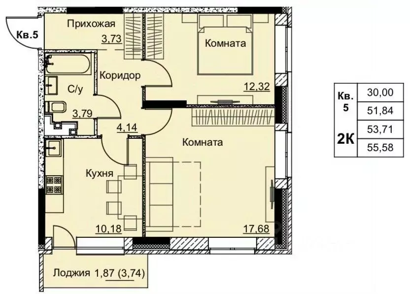 2-к кв. Удмуртия, Ижевск Строитель жилрайон, 6-й мкр,  (53.71 м) - Фото 1