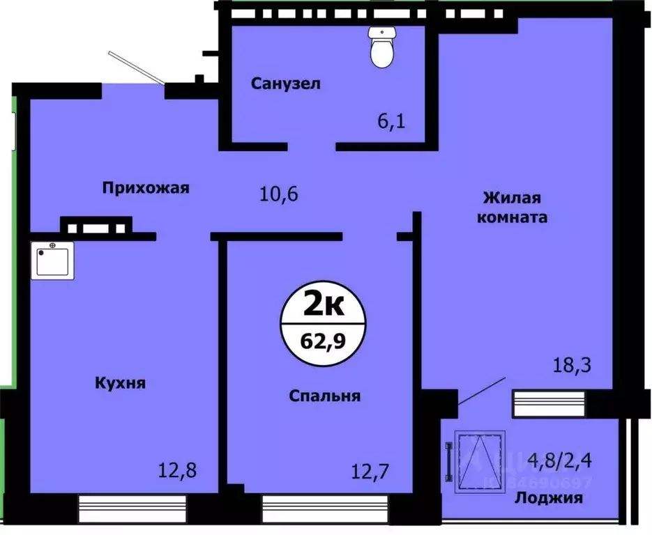 2-к кв. Красноярский край, Красноярск ул. Лесников, 51 (61.9 м) - Фото 0