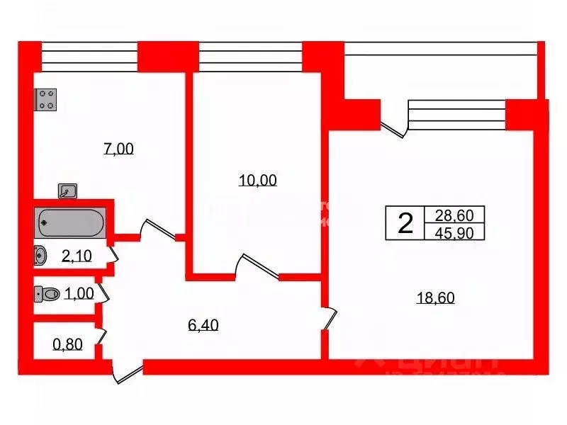 2-к кв. Санкт-Петербург Хасанская ул., 24 (45.9 м) - Фото 1