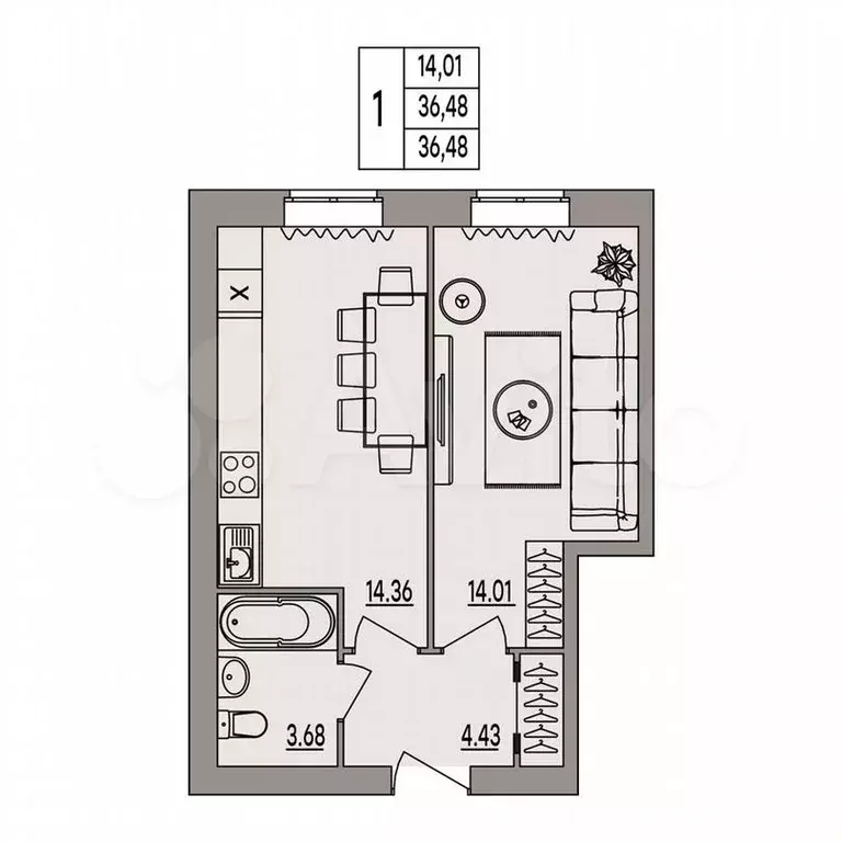 1-к. квартира, 36,5м, 2/3эт. - Фото 0