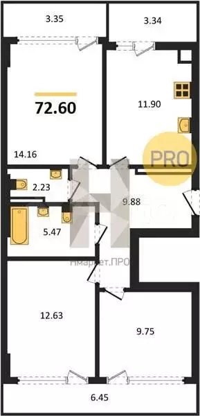 3-к. квартира, 72,6 м, 8/8 эт. - Фото 0