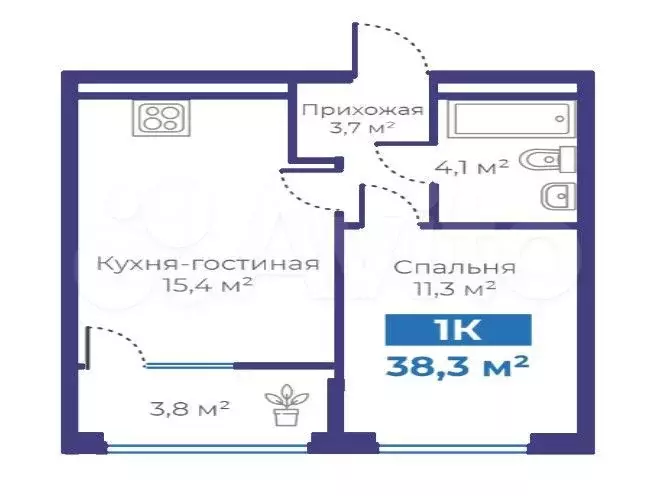 1-к. квартира, 38,3 м, 2/15 эт. - Фото 1