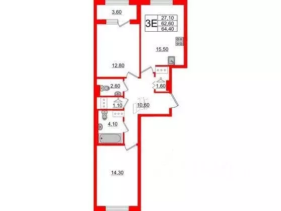 Квартира, 2 комнаты, 64.3 м - Фото 0