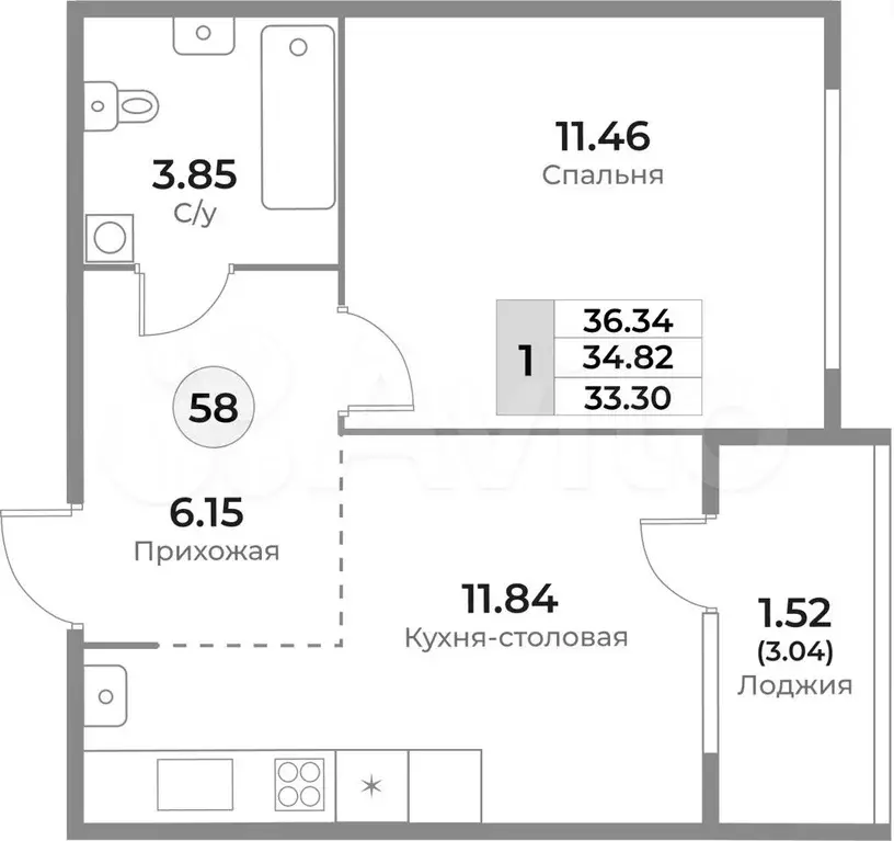 1-к. квартира, 34,8 м, 5/10 эт. - Фото 1