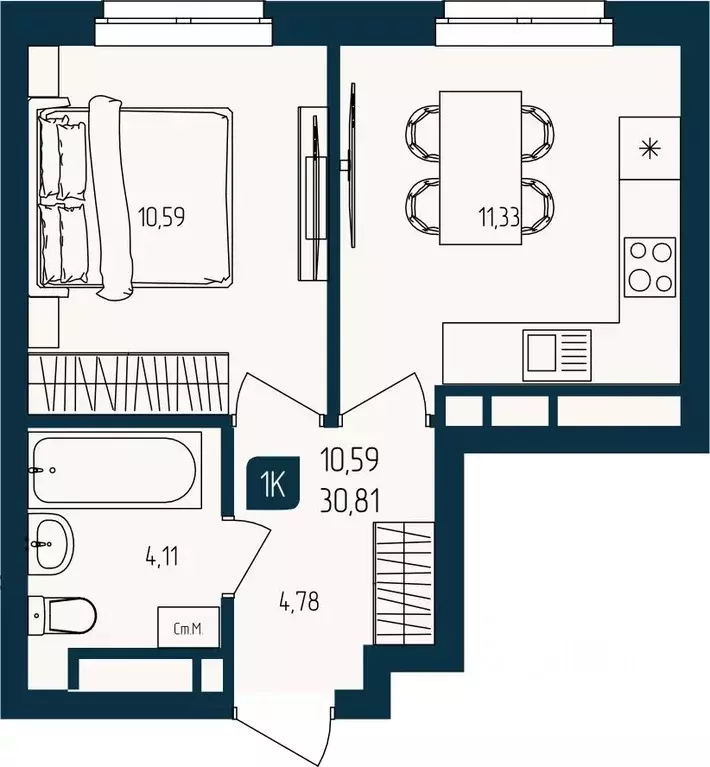 1-к кв. Тюменская область, Тюмень  (30.81 м) - Фото 1