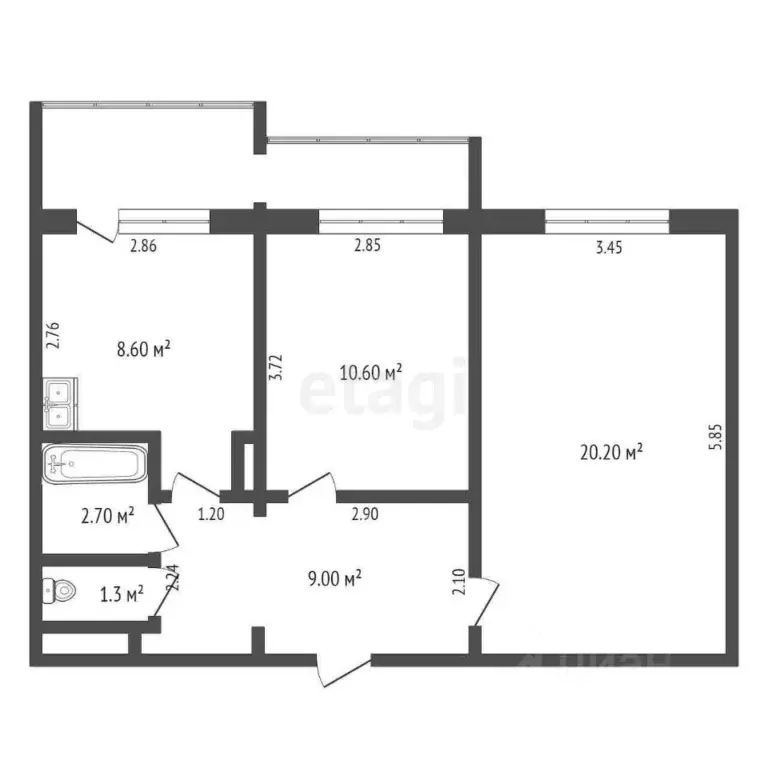 2-к кв. Саха (Якутия), Якутск ул. Космонавтов, 17/1 (52.4 м) - Фото 2