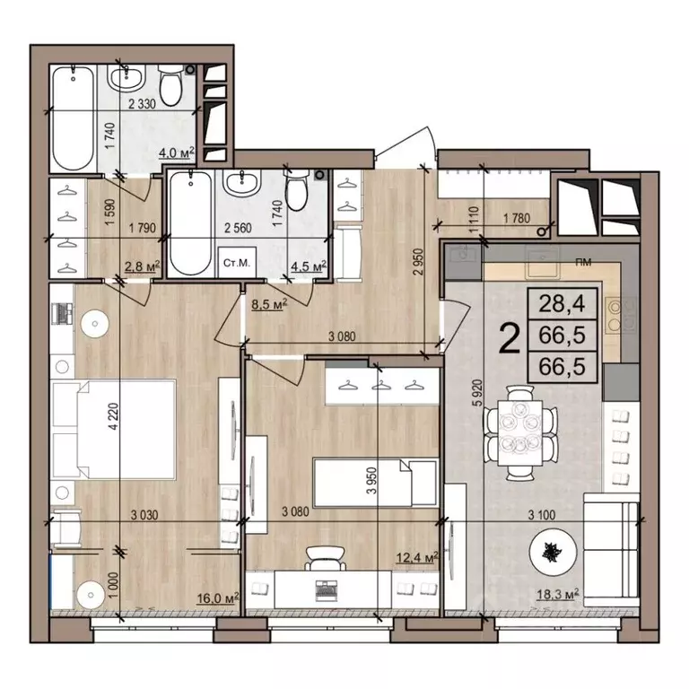 2-к кв. Рязанская область, Рязань ул. Новоселов, 33Б (66.5 м) - Фото 0