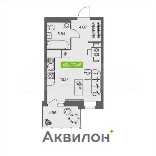 Квартира-студия, 27,5м, 2/9эт. - Фото 1