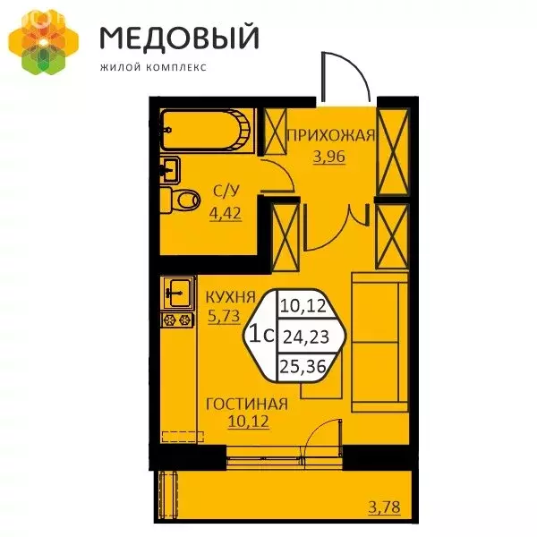 1-комнатная квартира: деревня Кондратово, улица Н.М. Яблокова, 6 (23.6 ... - Фото 1