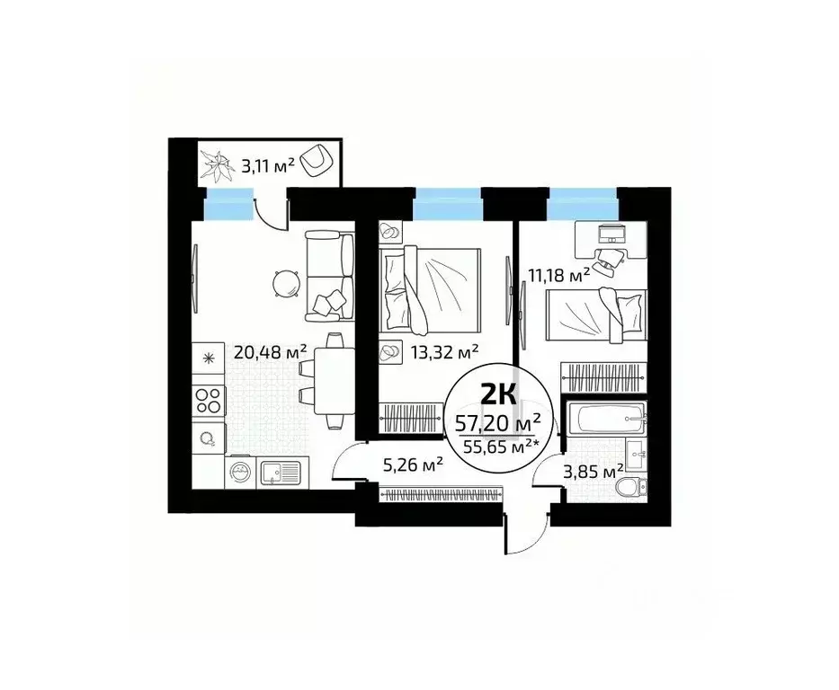 2-к кв. Самарская область, Самара пос. Мехзавод, 1-й кв-л, 50 (57.2 м) - Фото 1