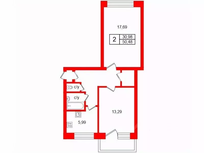 2-к кв. Санкт-Петербург ул. Руднева, 21К1 (50.48 м) - Фото 2