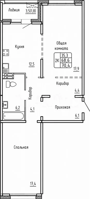 2-к. квартира, 70,4 м, 7/14 эт. - Фото 0