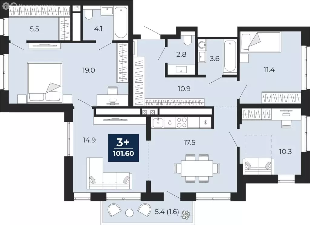 3-комнатная квартира: Тюмень, проезд Капитана Куликова, 5 (105.4 м) - Фото 1