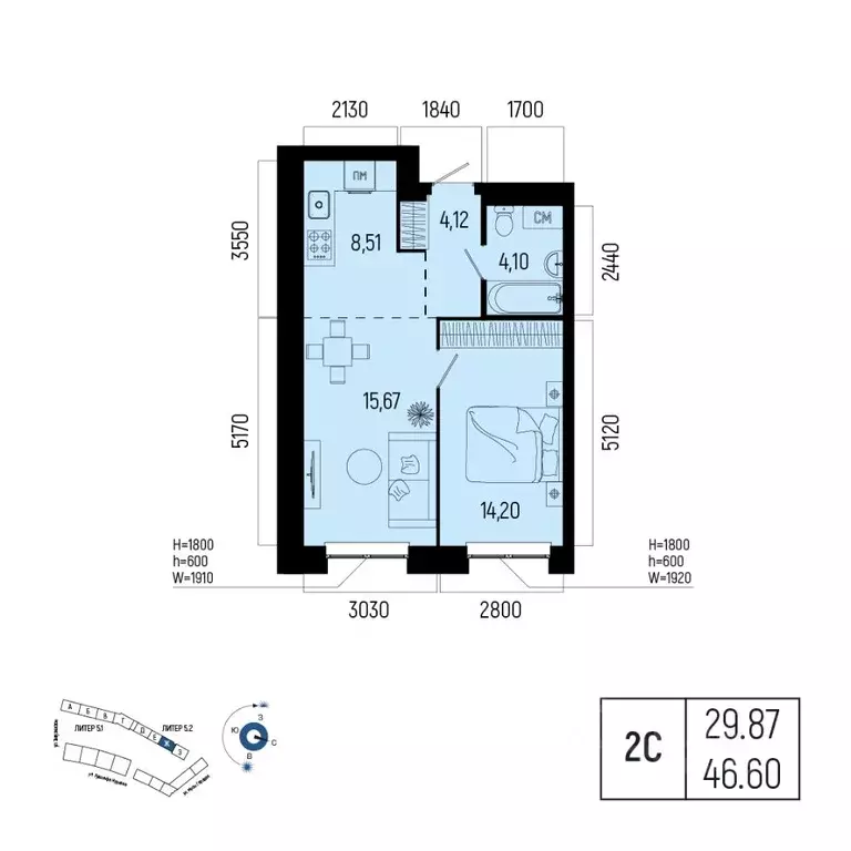 2-к кв. Башкортостан, Уфа Глумилино-1 мкр, Новатор жилой комплекс ... - Фото 1