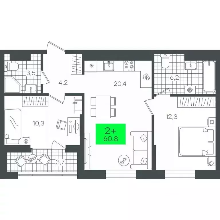 2-к кв. Тюменская область, Тюмень ул. Василия Малкова, 3 (60.88 м) - Фото 0