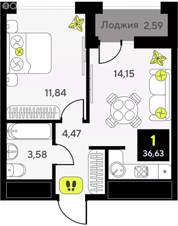 1-комнатная квартира: Тюмень, улица Андрея Приказнова, 1 (36.63 м) - Фото 1