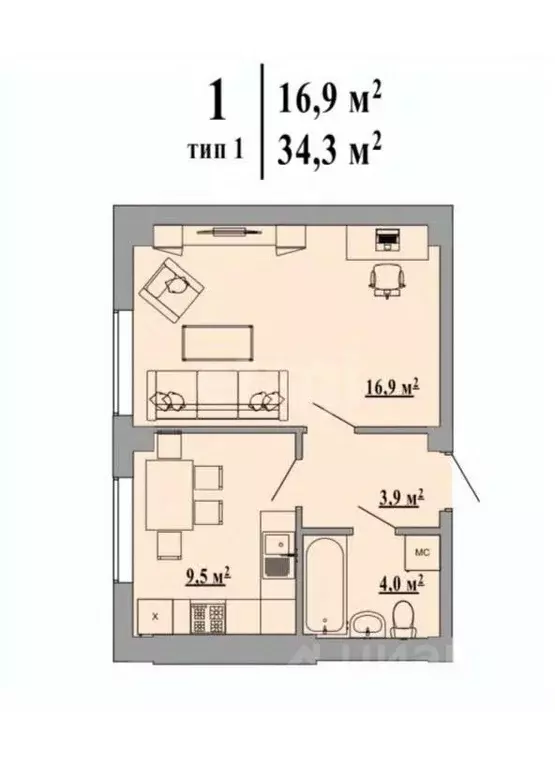 1-к кв. липецкая область, липецк ул. виктора музыки, 1 (34.3 м) - Фото 0