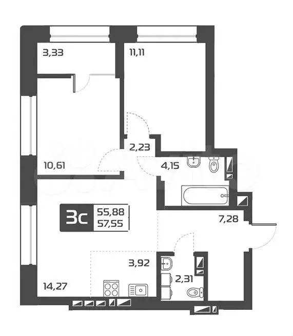 3-к. квартира, 57,6 м, 2/25 эт. - Фото 0